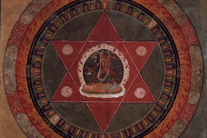 Mandala tibetana da tradição Naropa pintada no século XIX, Vajrayogini fica no centro de dois triângulos vermelhos cruzados, Museu de Arte de Rubin 